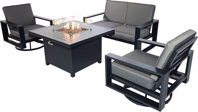 Furniture One Grey Powder Coated Aluminium 4 Seater Garden Sofa Set with Cube Fire Pit Table and Upholstered Cushions