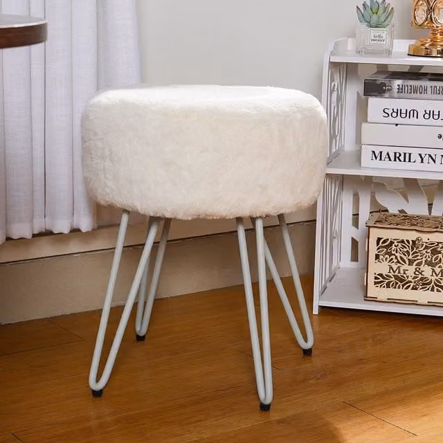 Livingandhome White Velvet Round Footstool with Metal Frame