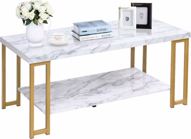 Costway Modern White Marble Print Coffee Table with Serving Tiers
