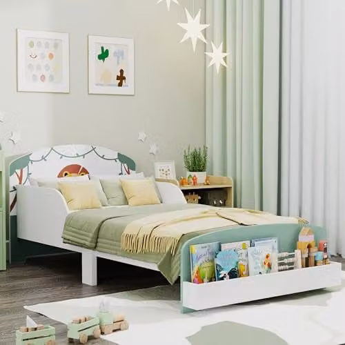 AIYAPLAY Toddler Bed with Side Compartments and Guardrails, Green, W/D/H: 140 x 70 x 77 cm