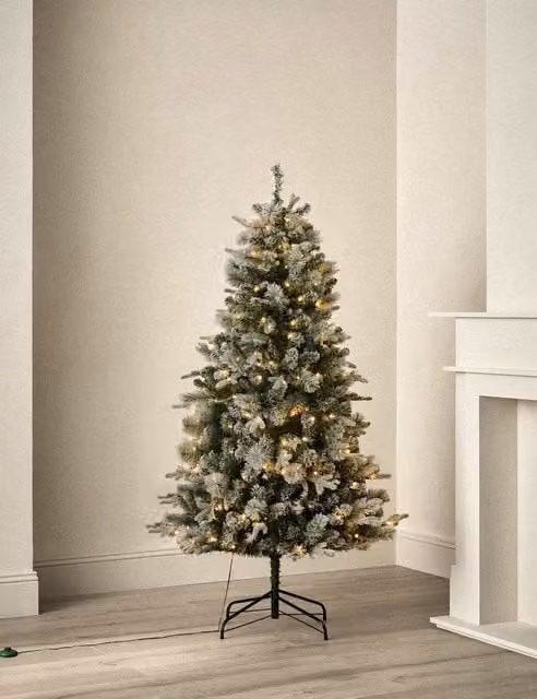 M&S 6ft Pre-Lit Snowy Monterey and Scots Pine Christmas Tree in White and Green with Warm White Lights