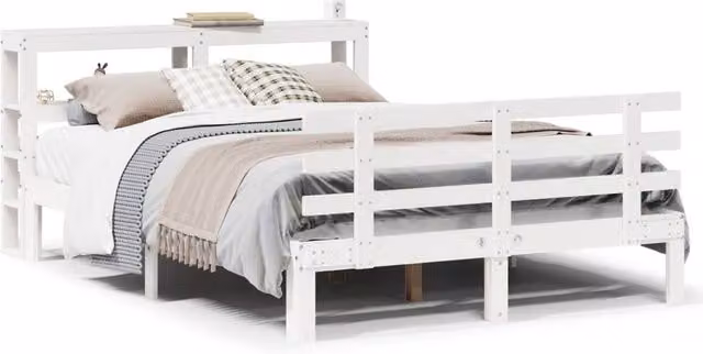 Berkfield Home Small Double Bed Frame with Headboard and Side Compartments in White Solid Pine Wood, W/D/H: 120 x 200 x 82 cm