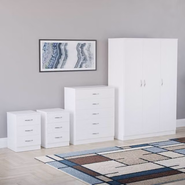 HD Designs 4 Piece Modern White Bedroom Set Including Wardrobe, Chest of Drawers and Two Nightstands – 1