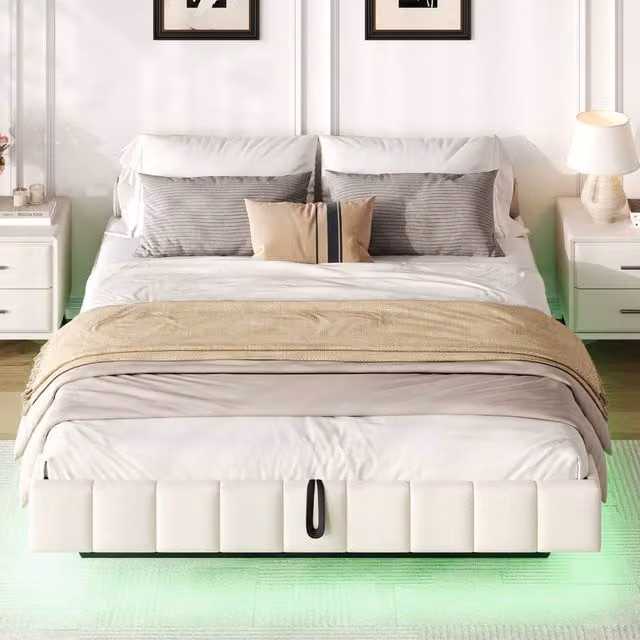 Merax Double Floating Upholstered Bed Frame with Hydraulic Storage and Under-Bed Lighting in Beige, W/D/H: 140 x 200 x 32 cm – 1