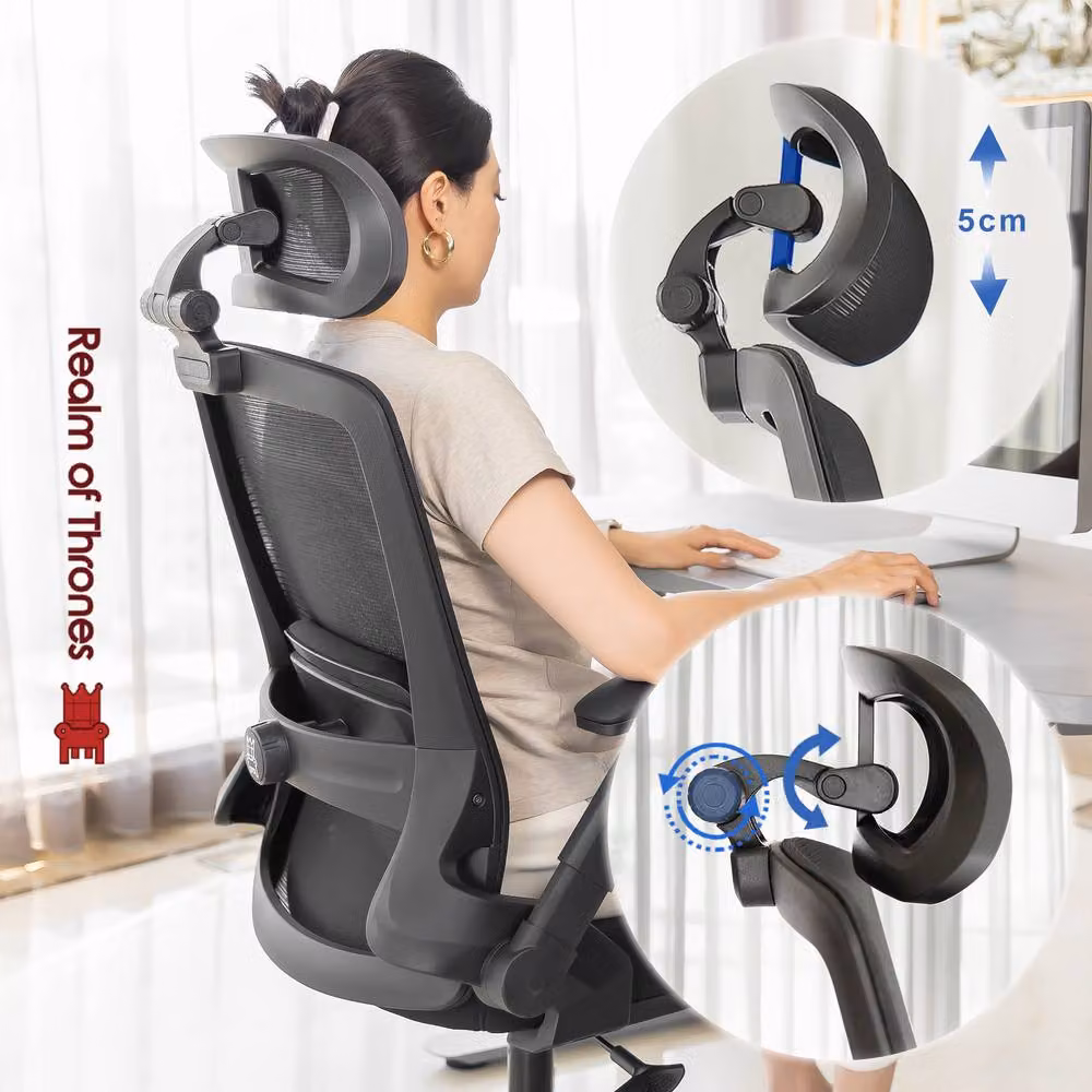 Realm of Thrones Black High-Back Mesh Office and Gaming Chair with 3D Headrest and Lumbar Support – 5