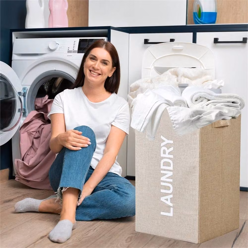 VOGREX Beige Collapsible Fabric Laundry Hamper with Lid – 2