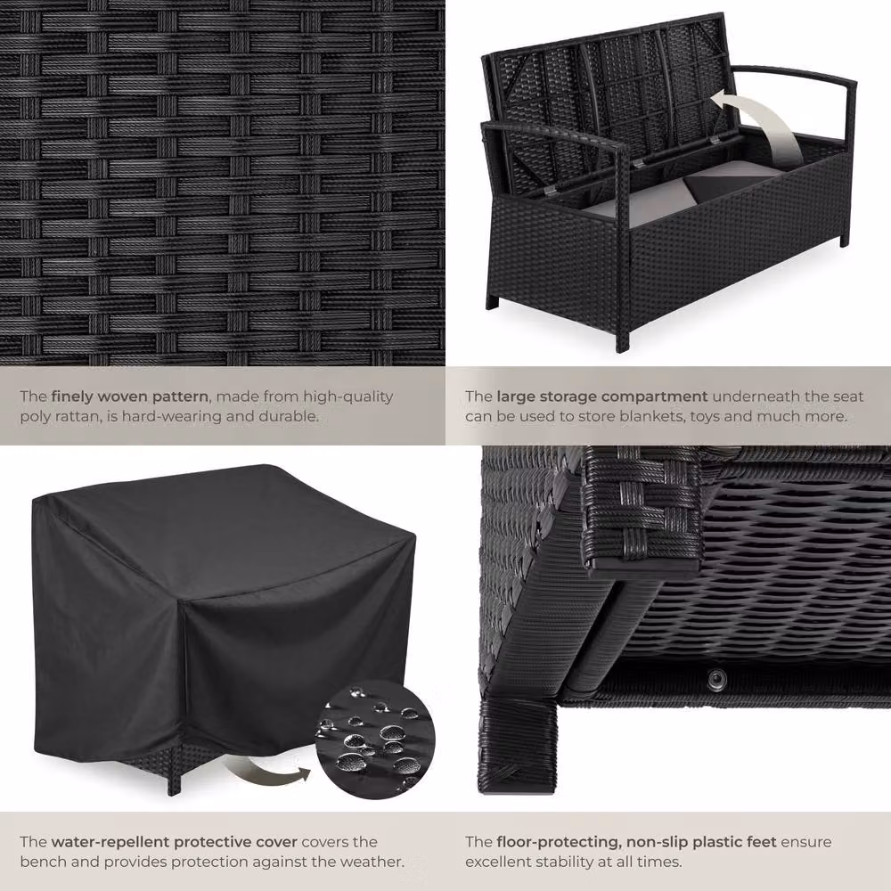 tectake Vecchia 2 Seater Rattan Garden Bench with Armrests in Black – 5