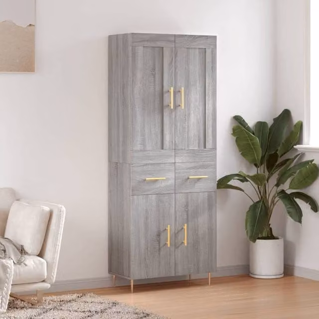 Berkfield Home Grey Sonoma Modern Highboard with Hinged Doors and Internal Shelves, W: 69.5 cm, D: 34 cm, H: 180 cm – 1