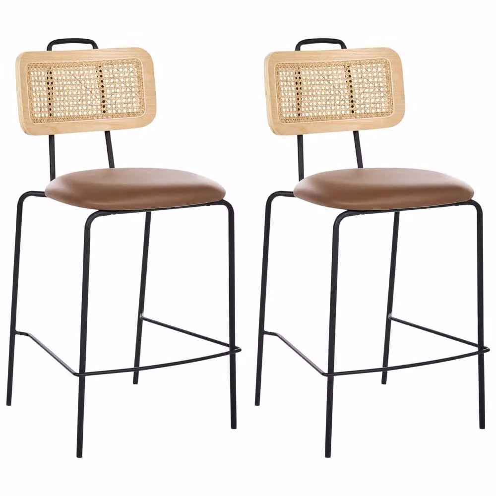 Wyld and Coco Set of 2 Brown Faux Leather Bar Chairs with PE Rattan Back – 2