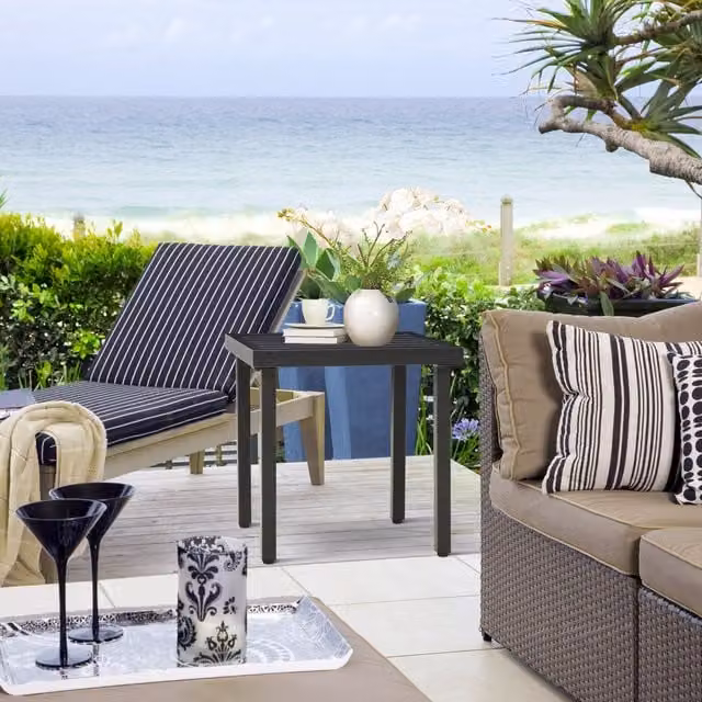 Outsunny Modern Metal Garden Side Table with Umbrella Hole in Matt Black