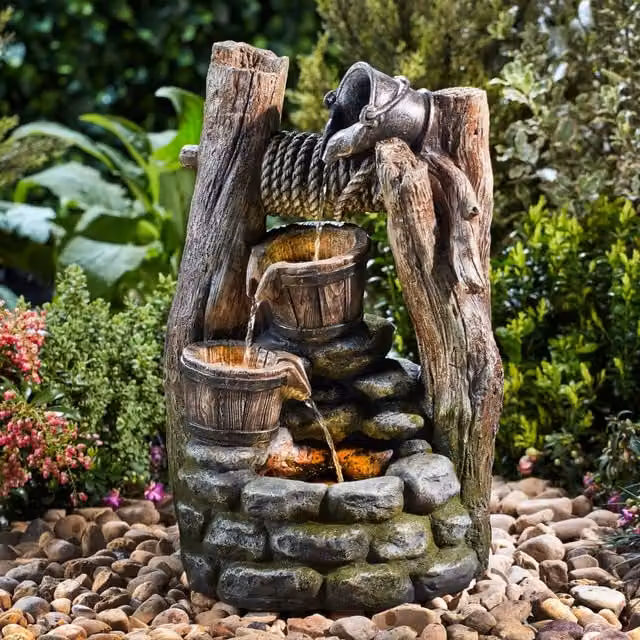 Serenity Cascading Buckets Wishing Well Water Feature with LED Lighting in Grey