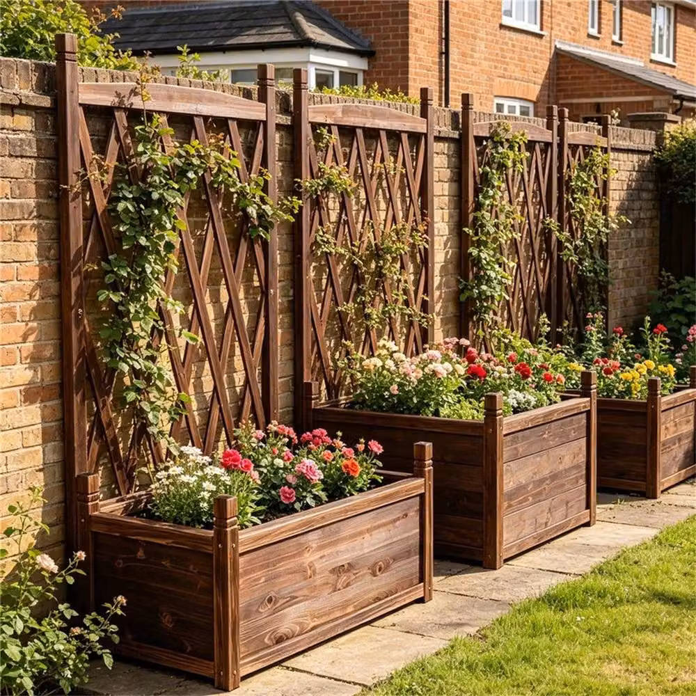NESTLUNE Wooden Raised Bed Planter with Trellis in Brown, W/D/H: 64 x 36.5 x 115 cm – 3