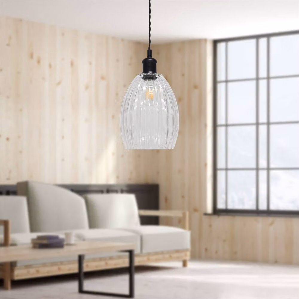 First Choice Lighting Birch Set of 2 Retro Pendant Fittings with Transparent Fluted Glass and Black Metal, Height Adjustable – 2