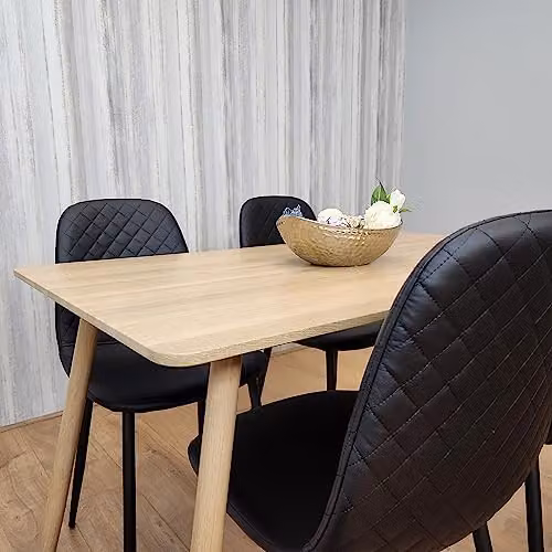 KOSY KOALA Modern Dining Table and 4 Black Faux Leather Chairs Set, Oak Effect, W/D/H: 120 x 70 x 75 cm – 4
