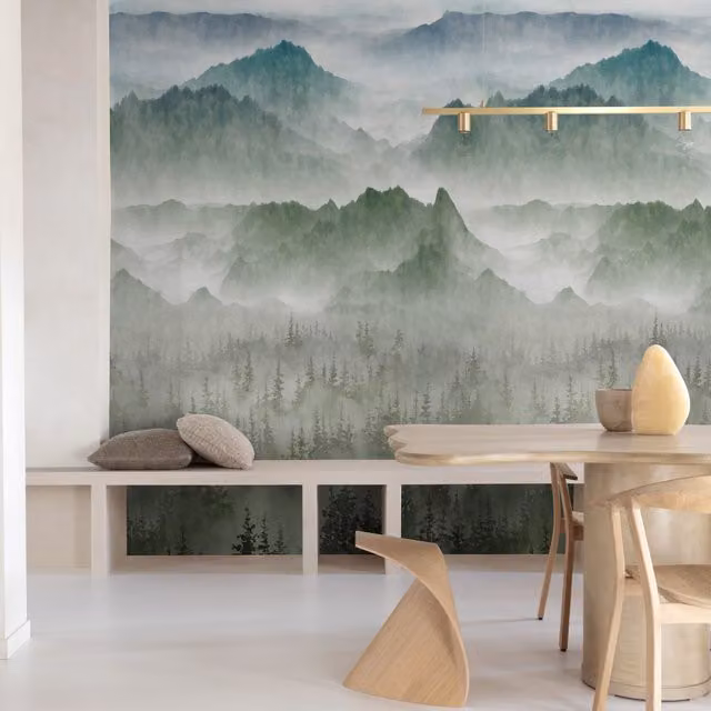Grandeco Nendaz Misty Mountains 3 Panel Repeatable Mural in Green and Turquoise, W: 280 cm, H: 159 cm