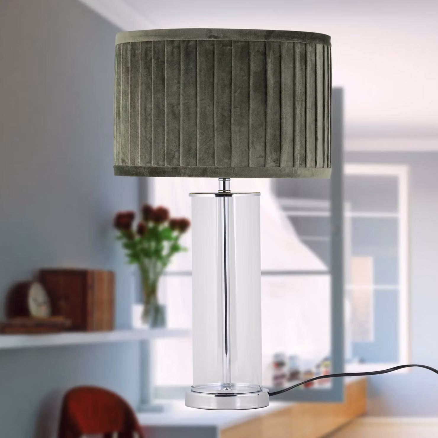 First Choice Lighting Aura Chrome Table Lamp with Green Fabric Shade – 5
