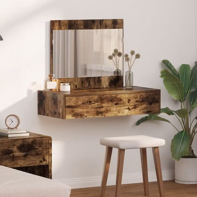 Berkfield Home Wall Hanging Dressing Table in Smoked Oak Brown, W: 83 cm, D: 40 cm, H: 70 cm