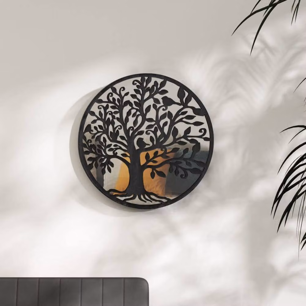 Berkfield Home Round Metal Wall Mirror in Black, Diameter: 40 cm, Depth: 2.5 cm – 2