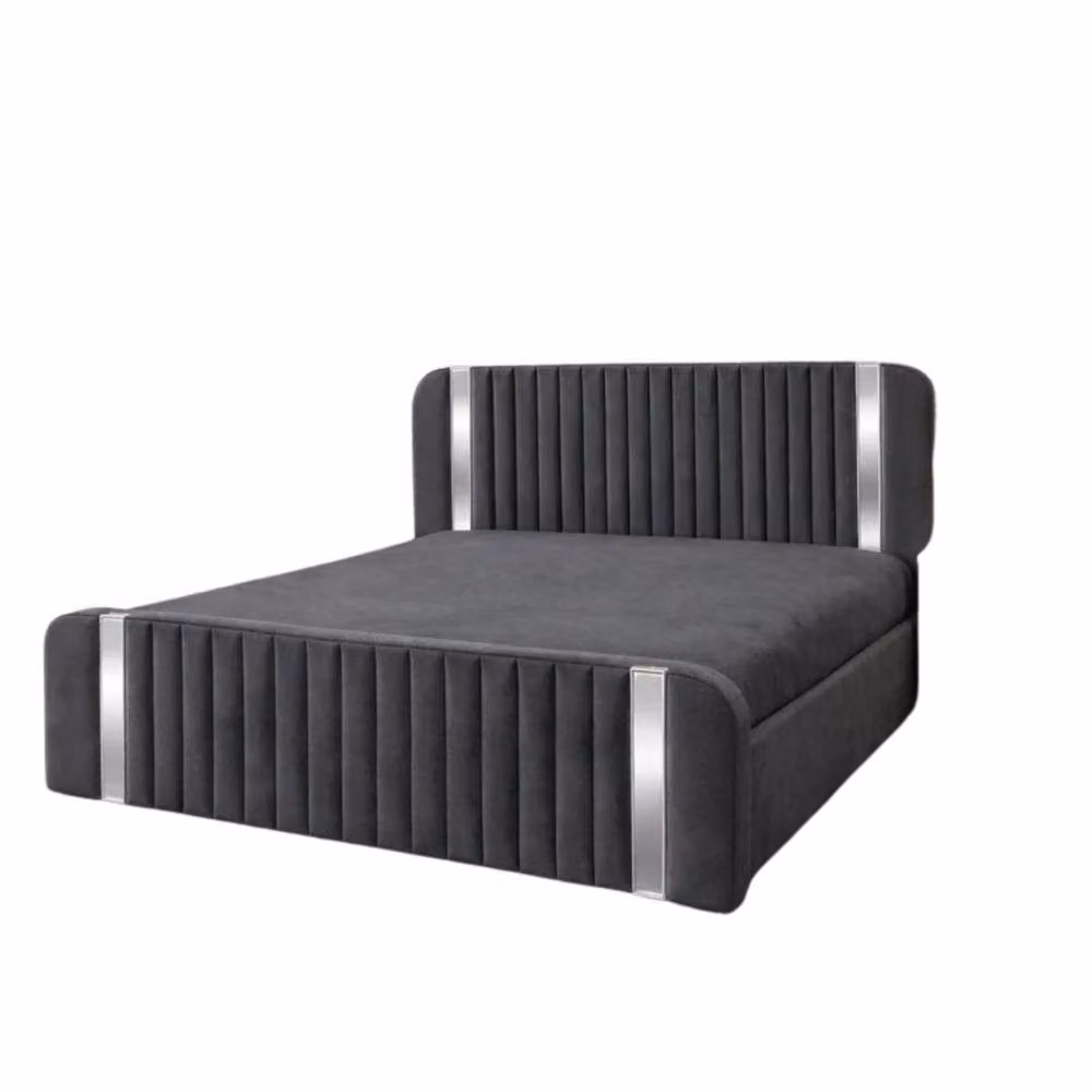 Stratus Interiors Aura Rounded Panel Ottoman Bed Frame in Dark Grey Velvet with Silver Accents, W/D/H: 90 x 190 cm – 2
