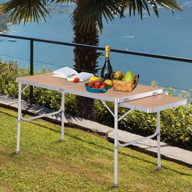Outsunny Aluminium Portable Folding Picnic Table with Height-Adjustable Drop Leaf Top in Bamboo Colour