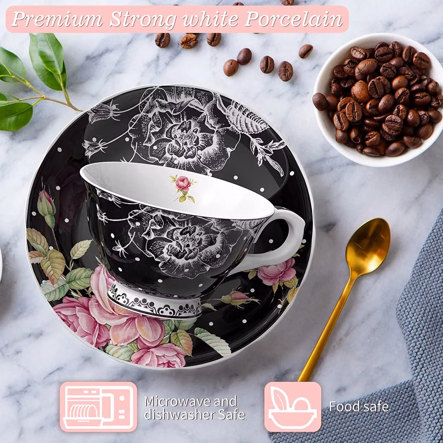 London Boutique Black Floral New Bone China Tea Cup and Saucer Set of 2 – 4