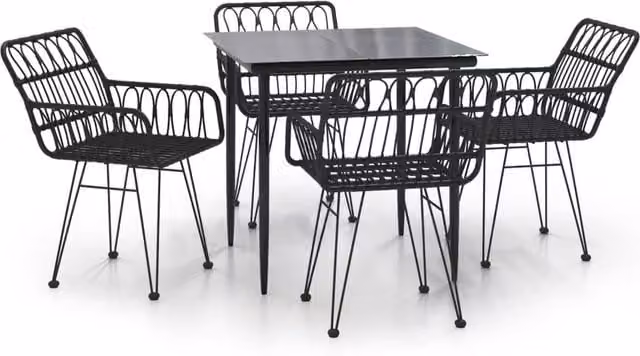Berkfield Home 5 Piece Black Poly Rattan Garden Dining Set with Glass Top – 1