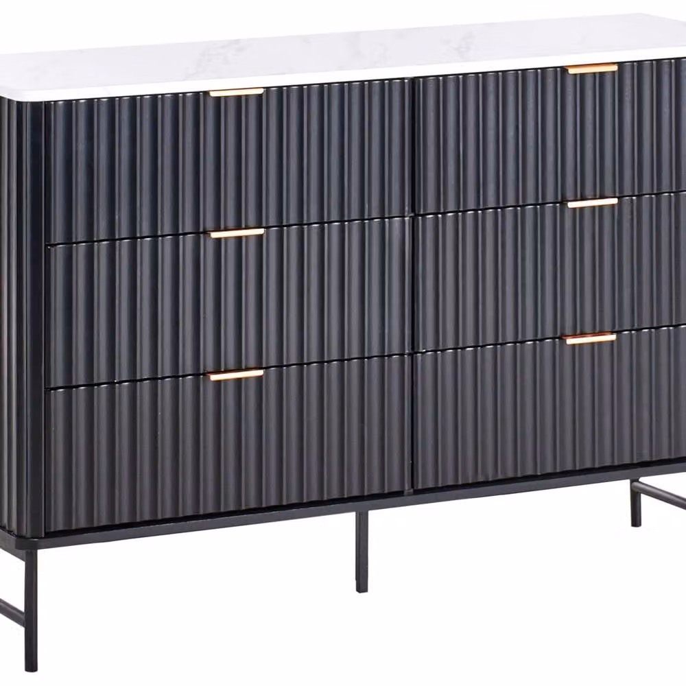 Wyld and Coco Living 6-Drawer Chest in Black with Marble-Effect Top and Metal Legs – 2