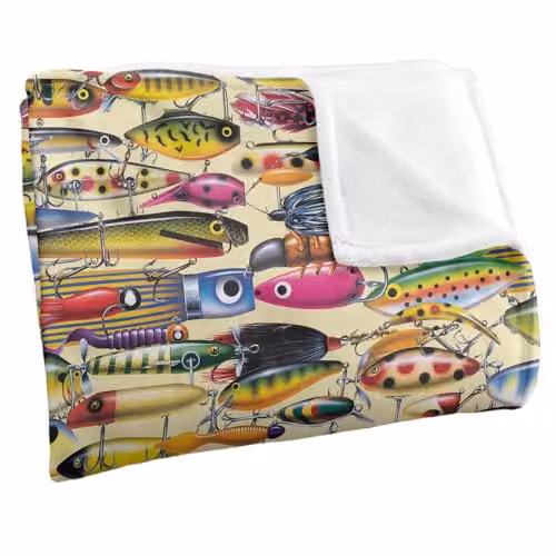 JQ Licensing Fishing Lures Pattern 2 Super Soft Fleece Throw Blanket in White, W/D: 152 x 127 cm – 2