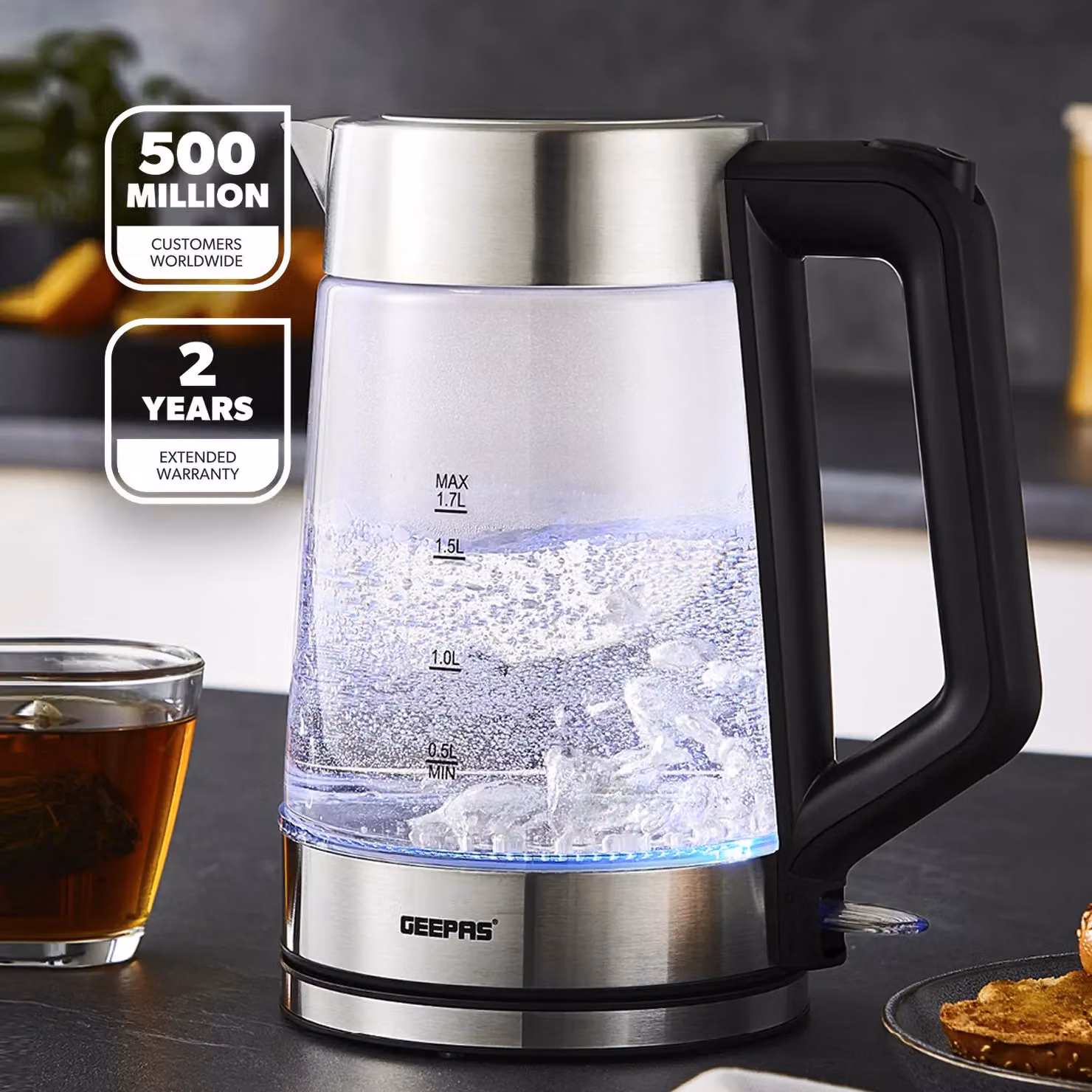 Geepas 3000W Cordless Illuminating Glass Kettle, 1.7 l, White – 2