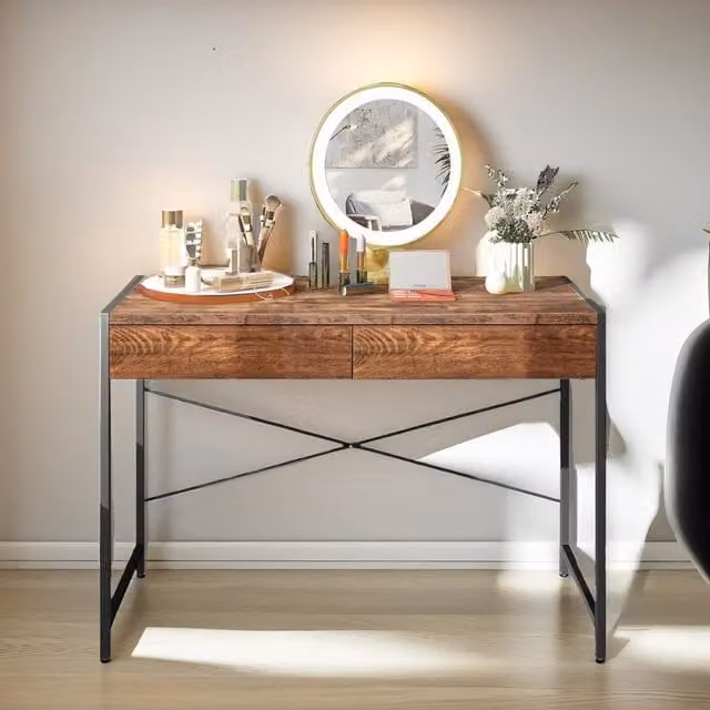 FURNOS Industrial Writing Desk with 2 Drawers, Brown, W: 112 cm, D: 48 cm, H: 76 cm