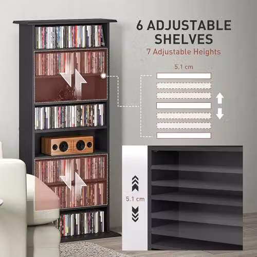 HOMCOM Black Media Storage Unit with 6 Adjustable Shelves for CDs and DVDs – 5