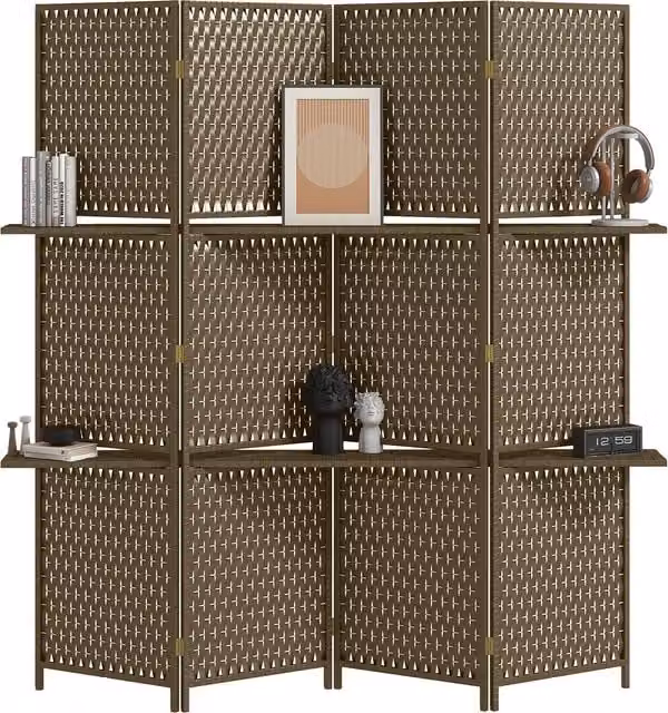 HOMCOM 4-Panel Wave Fibre Room Divider with Shelves, Freestanding Folding Privacy Screen in Brown
