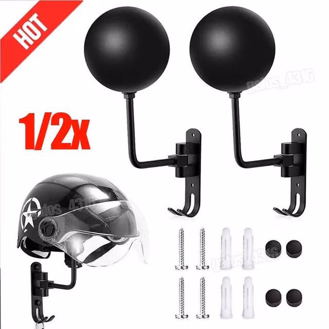 FLAVORA Wall-Mounted 2x Motorcycle Helmet Holder Rack in Black Stainless Steel