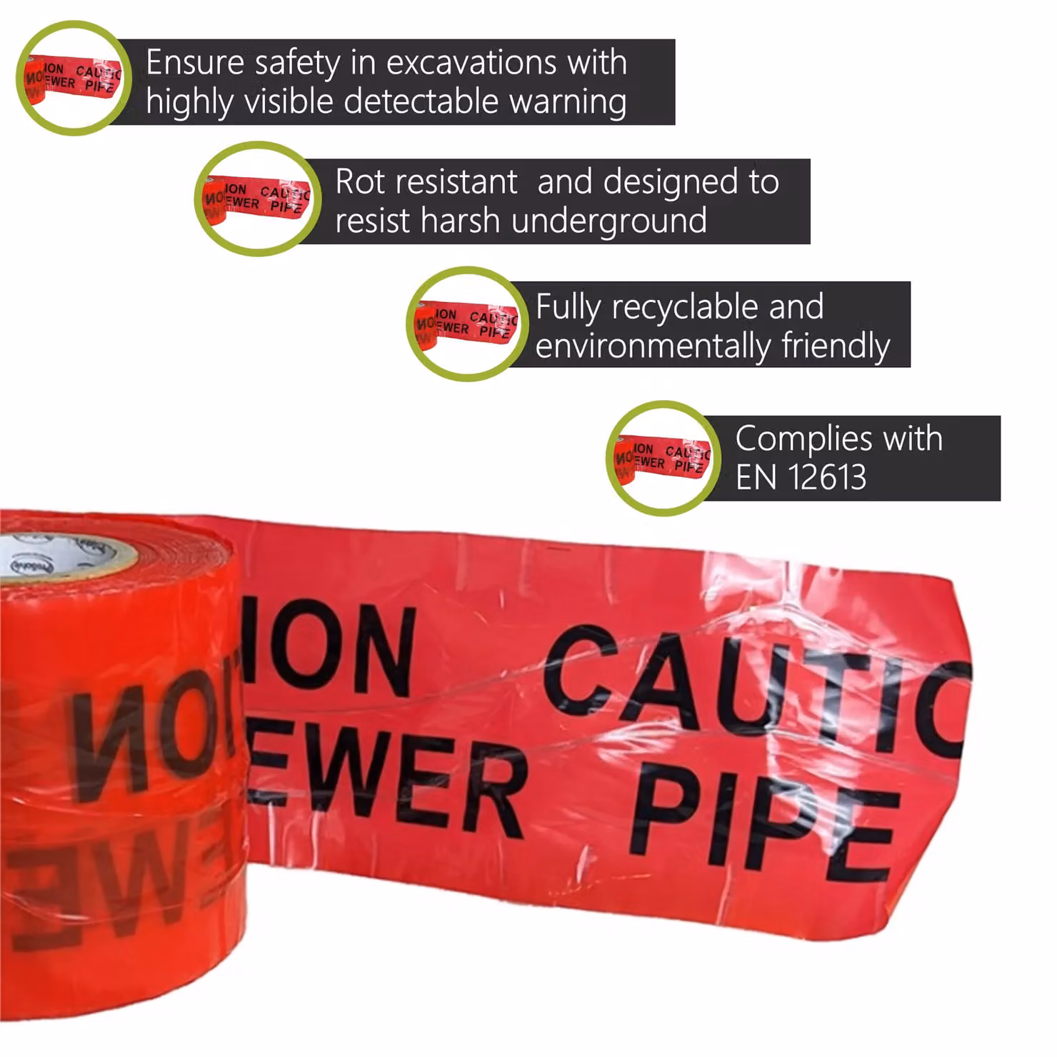Pegdev Red Detectable Underground Warning Tape for Sewer Pipes, 150mm Width, 6m Length – 2