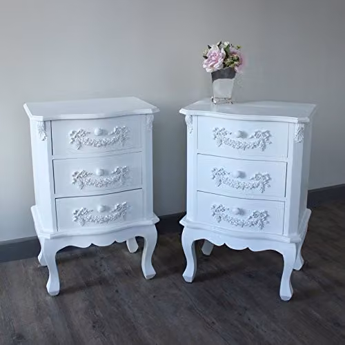Melody Maison Pays Blanc Shabby Chic Bedroom Furniture Set in White Lacquered Solid Wood and MDF, including Wardrobe, Dressing Table with Mirror and Two Nightstands – 2