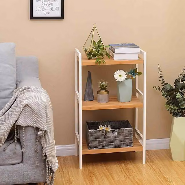 The Bazaarist 3 Tier Bamboo Multipurpose Storage Shelf with Adjustable Shelves, Natural and White