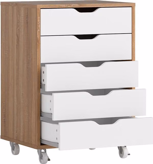 Vinsetto Five-Drawer Filing Cabinet with Wheels in Oak Brown