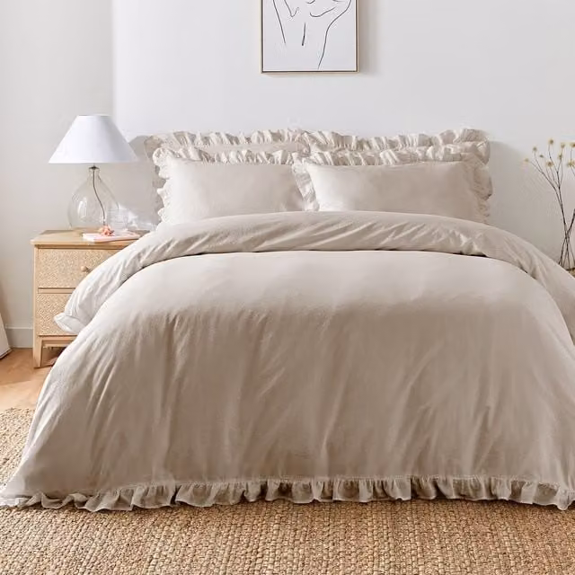 Appletree Cassia Frill Cotton Duvet Cover Bedding Set in Beige and Sand