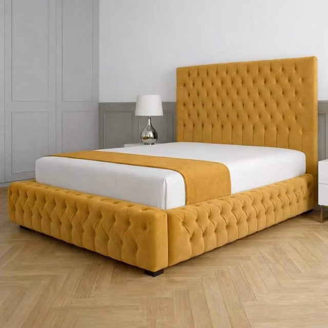 Living Comfort Bedz Countess King Size Upholstered Velvet Gas Lift Storage Bed in Yellow, W/D/H: 180 x 200 cm