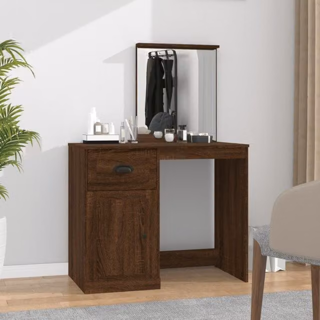 Berkfield Home Modern Dressing Table with Mirror in Brown Oak, W: 90 cm, D: 50 cm, H: 132.5 cm