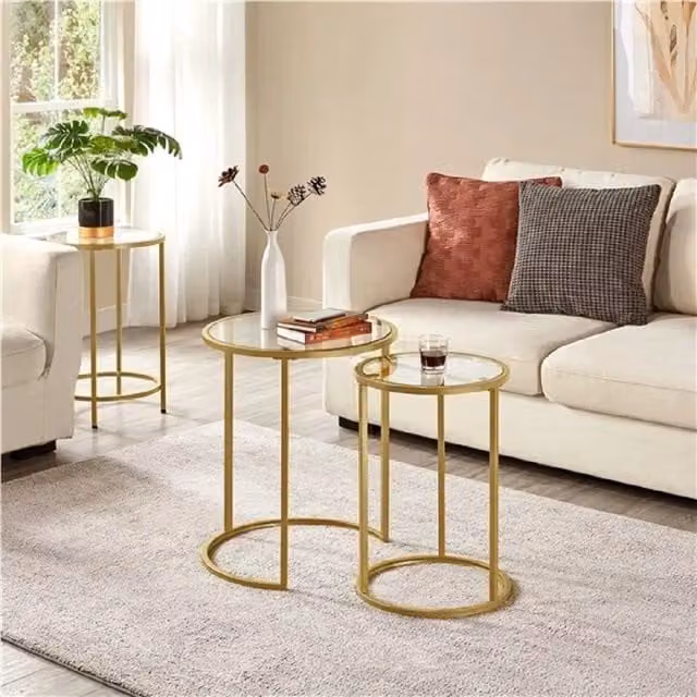 EONLION Mustard Gold Nesting Tables with Round Glass Tops and Metal Frames – 1