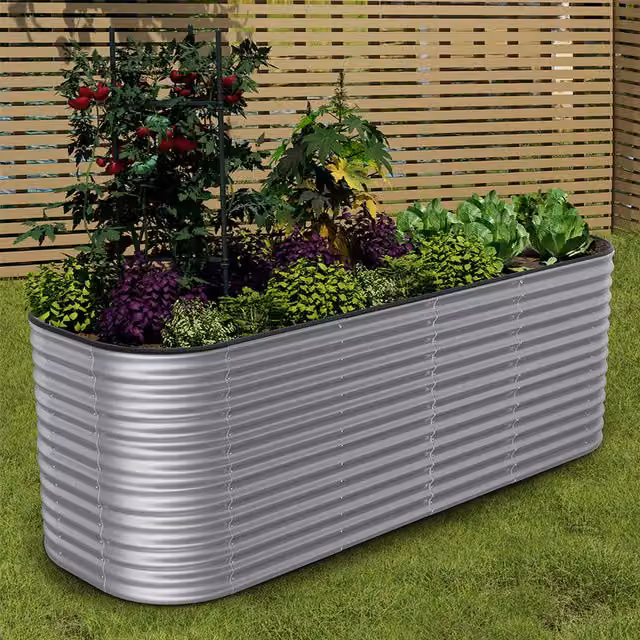 Livingandhome Silver Oval-Shaped Galvanised Steel Raised Garden Bed