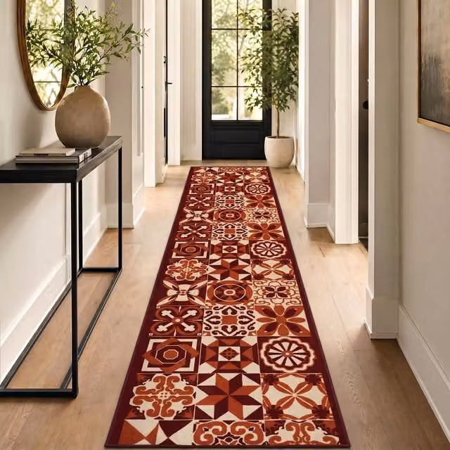 Bravich Geometric Tiles Hallway Runner, Red, 610cm