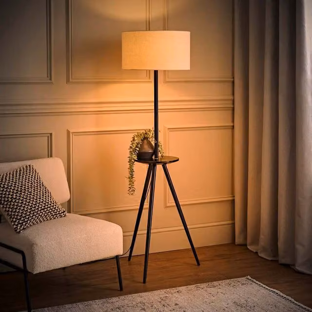 Desmond Scandinavian Tripod Floor Lamp with Black Wood Base and Beige Fabric Cylinder Shade