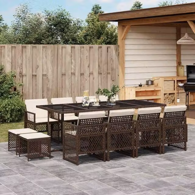 Berkfield Home 13 Piece Brown Poly Rattan Garden Dining Set with Cushions