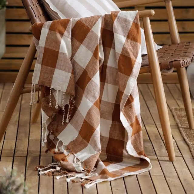 Make It A Home Chesil Check Tasselled 100% Cotton Throw in Brown and Orange