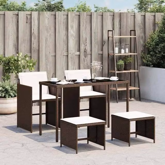 Berkfield Home 5 Piece Brown Poly Rattan Garden Dining Set with Glass Top and Cushions – 1