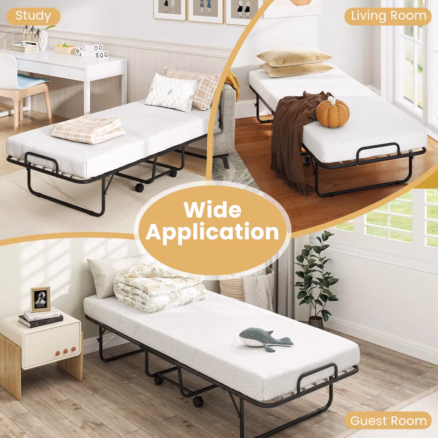 Gymax Rollaway Guest Bed with Memory Foam Mattress and Metal Frame, White, 80 x 190 cm – 8