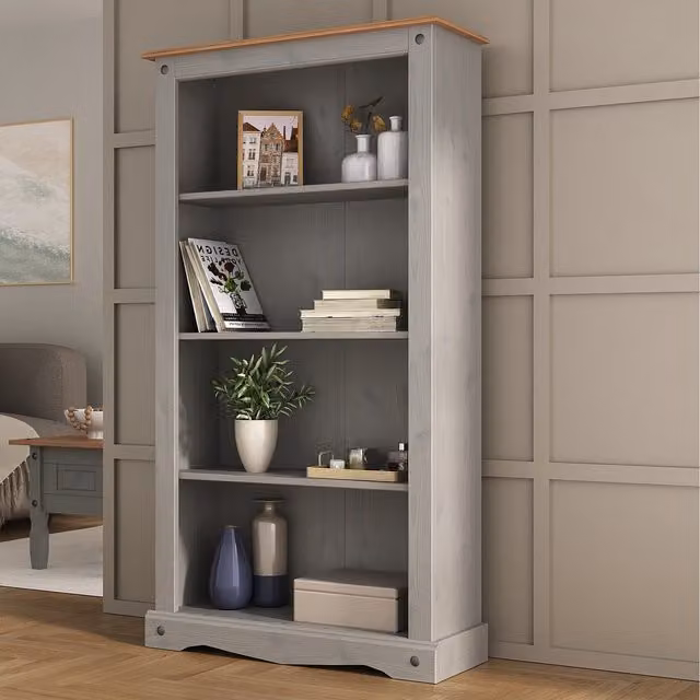 Mews Rustic Grey Waxed Wood Medium Bookcase with Back Panel