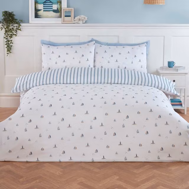 My Home Nautical Sail Boats Reversible Duvet Cover Set, Blue and White, 90 x 200 cm